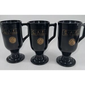 Mugs Set Of 3 Irish Coffee Cafe B&B Benedictine Black Glass w/Gold Logo 5.5" T